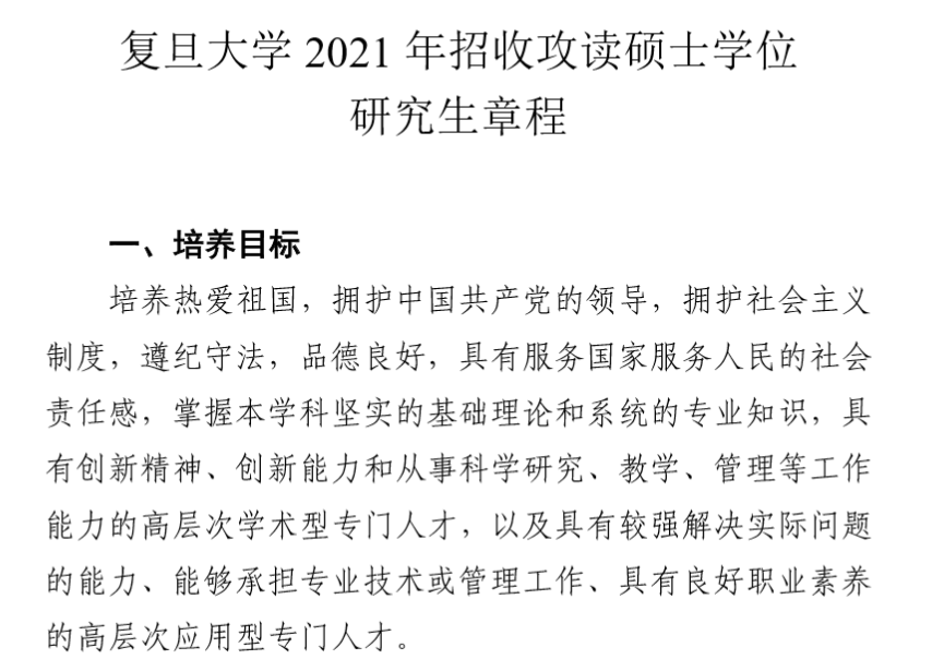 復旦大學2021年招收攻讀碩士學位研究生章程